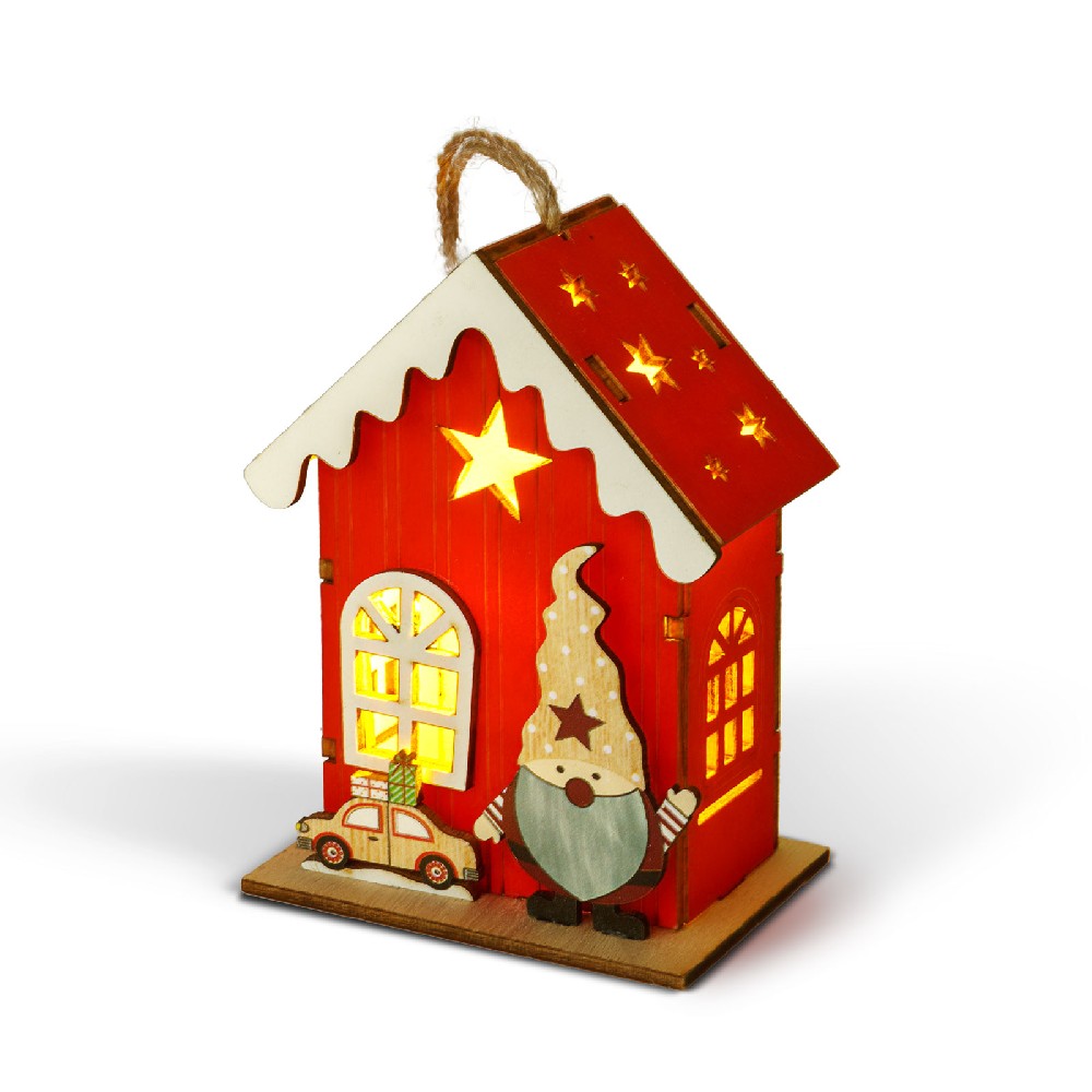 Casuta cu spiridus, LED, alb cald, rosu, 7.5x5x10cm