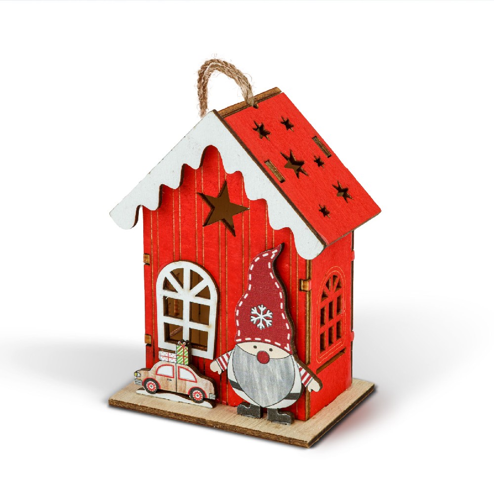 Casuta cu spiridus, LED, alb cald, rosu, 7.5x5x10cm