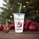 Pahar decorativ cu pai si capac, plastic, model spiridus,  473 ml