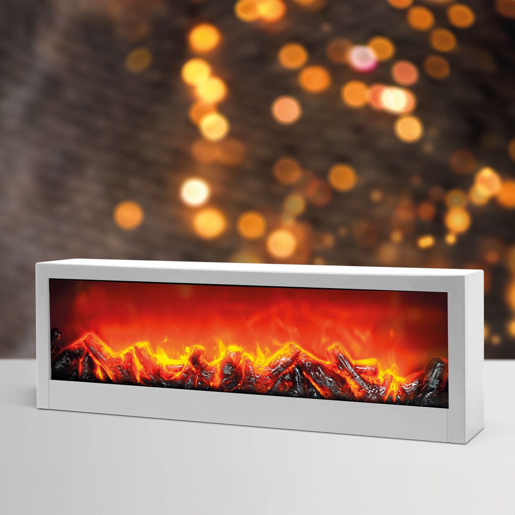 Semineu decorativ LED cu efect de flacara, alb,  baterii / USB, 60x10x20cm