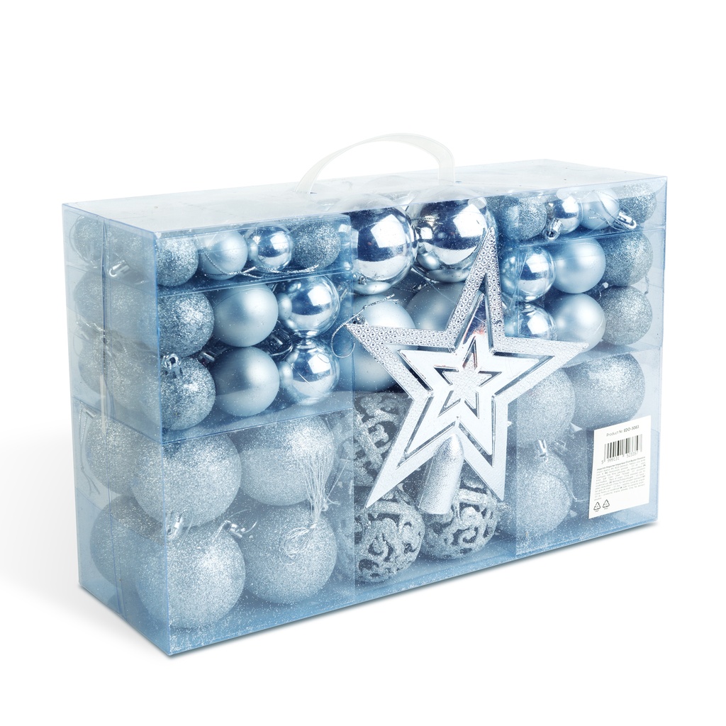 Set ornamente brad, 100 globuri, stea, argiontiu