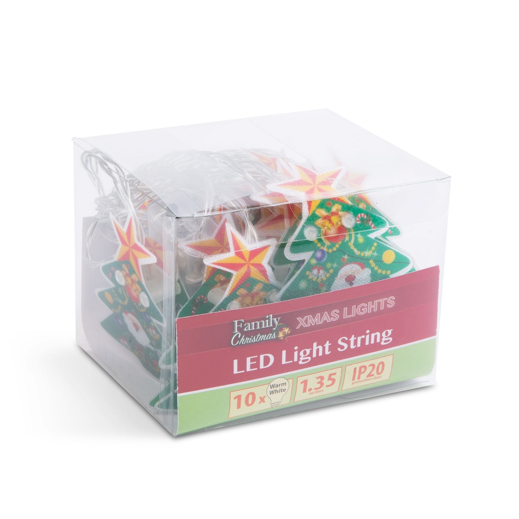 Sir lumina, brad, 10 LED, alb cald, 2xAA, 1.35m