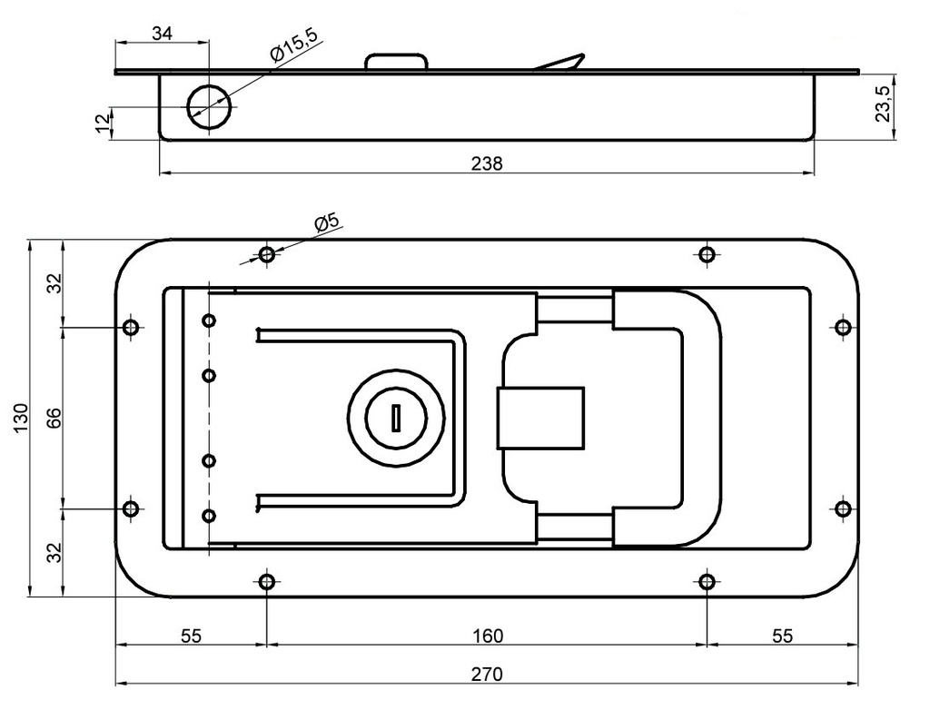 Inchidere incastrata usa, Inox, Fi 15mm, 27x13cm