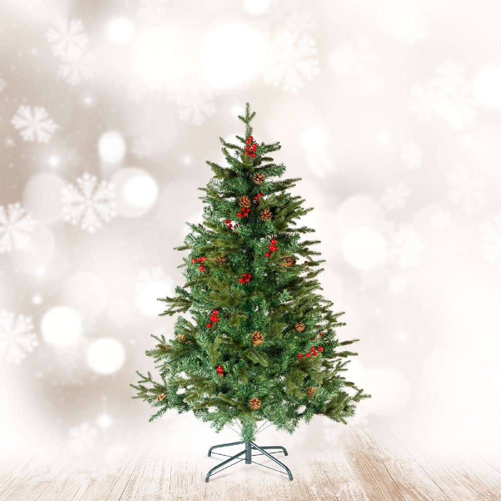 Brad artificial cu bobite rosii, PE/PVC, 150 cm