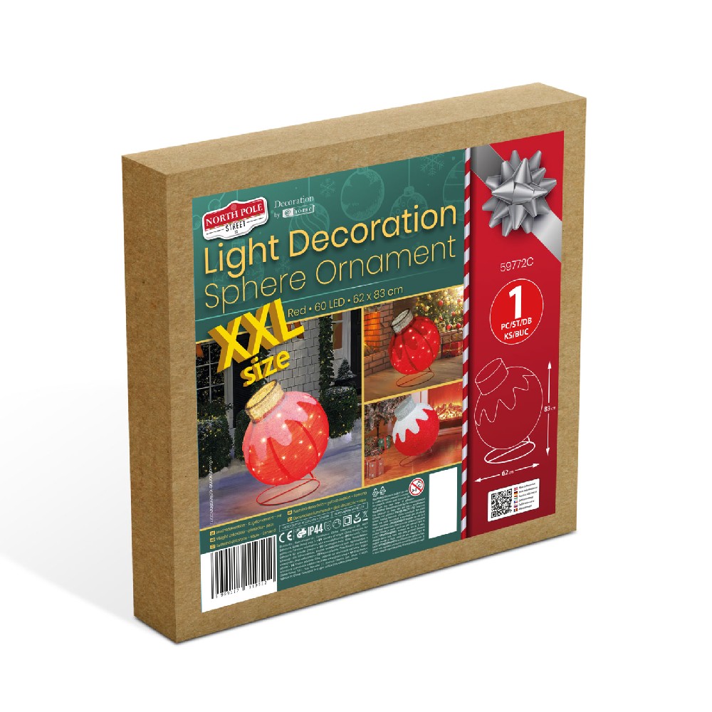Ornament sferic luminos Craciun, 60 LED, rosu 60x83cm