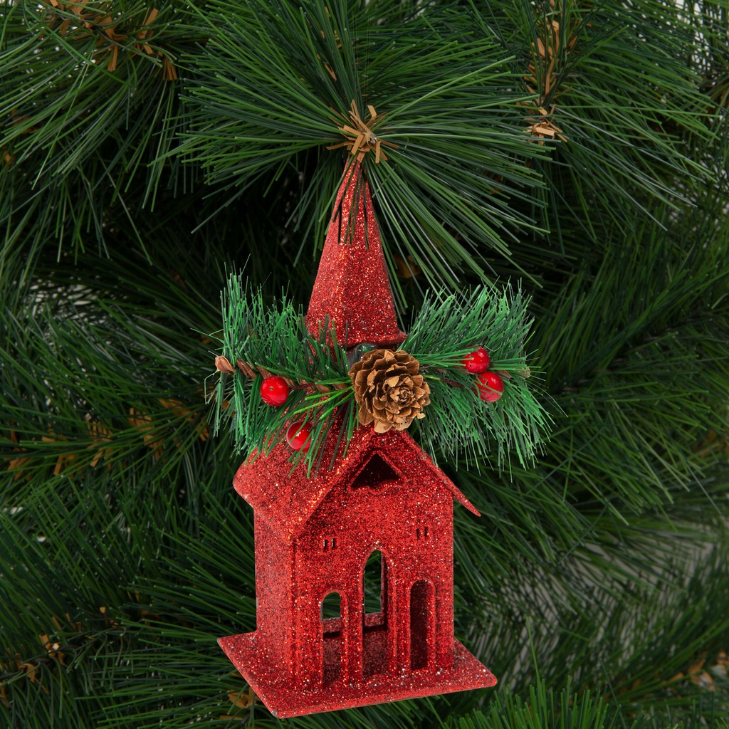 Ornament de brad, biserica, rosu, 16x6.5cm