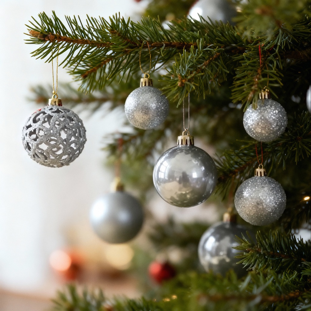 Set de ornamente pentru brad – 100 de globuri + varf stea – argintiu