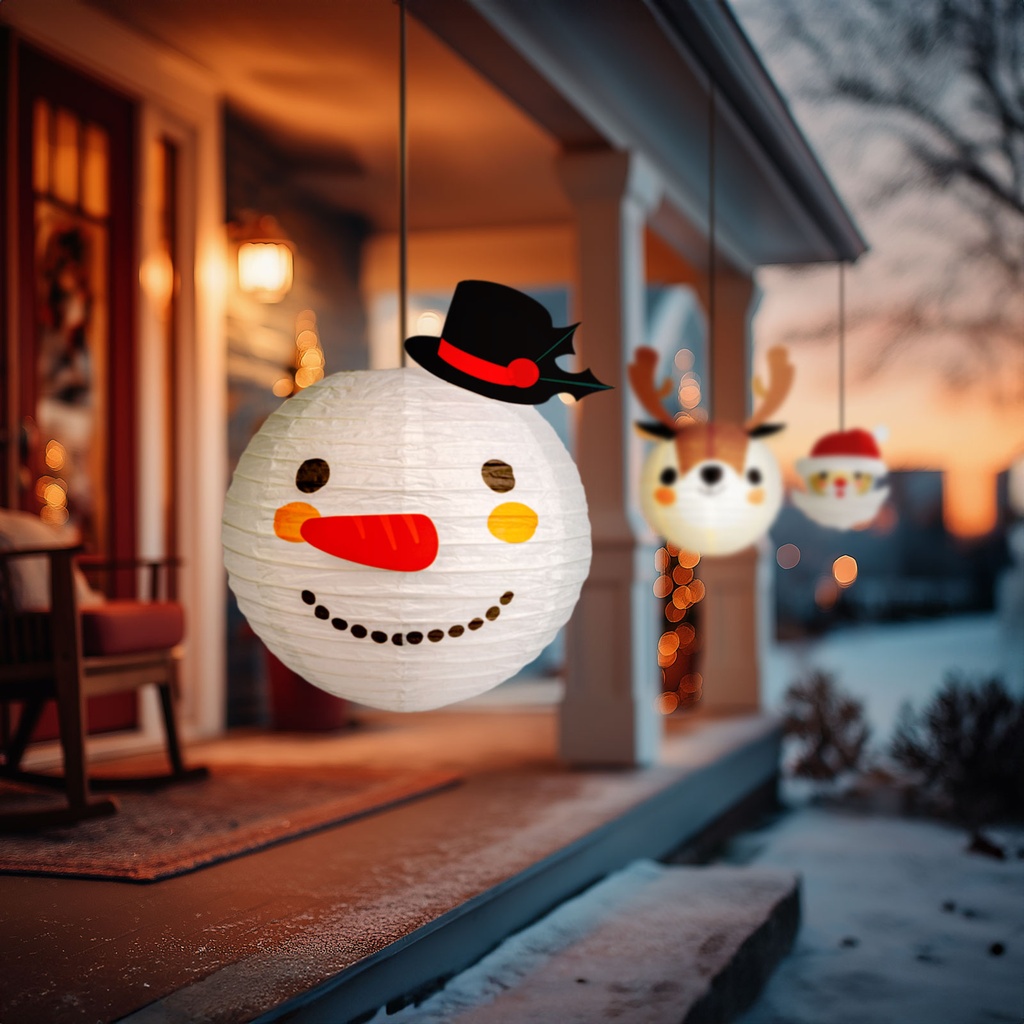 Lampion decorativ din hartie, om de zapada, alb, Fi 30cm