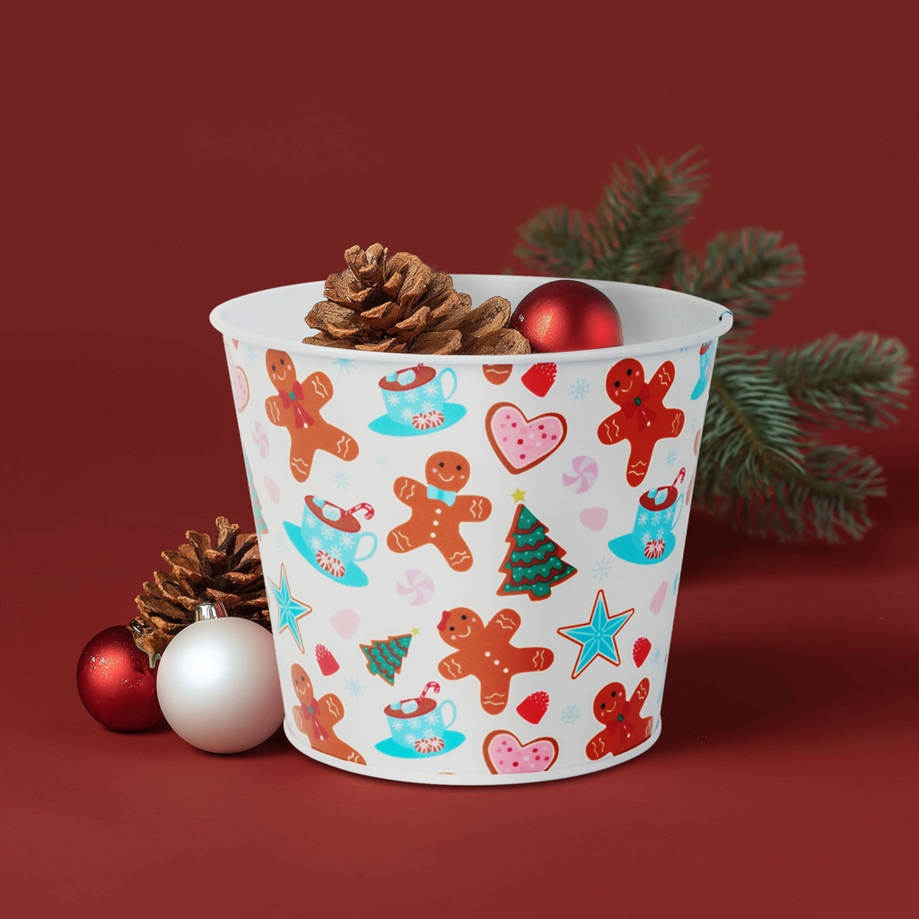 [59733A] Ghiveci decorativ metalic, casuta din turta dulce si brad, 13x11cm
