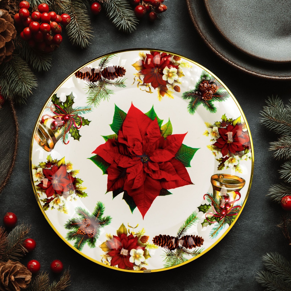Tava decorativa, plastic, floare poinsettia, 37.5cm