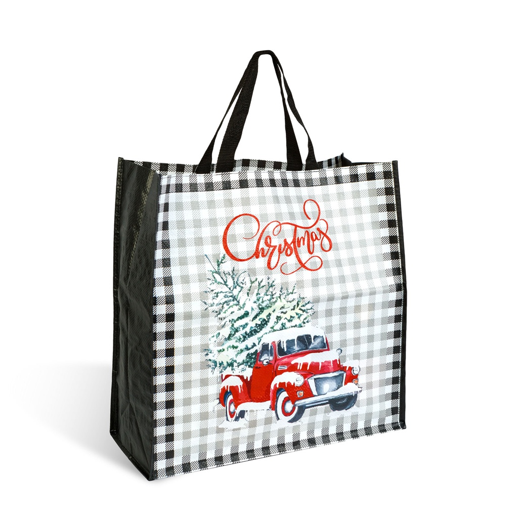 Geanta cadou decorativa, negru cu camion rosu, 45x44x19cm