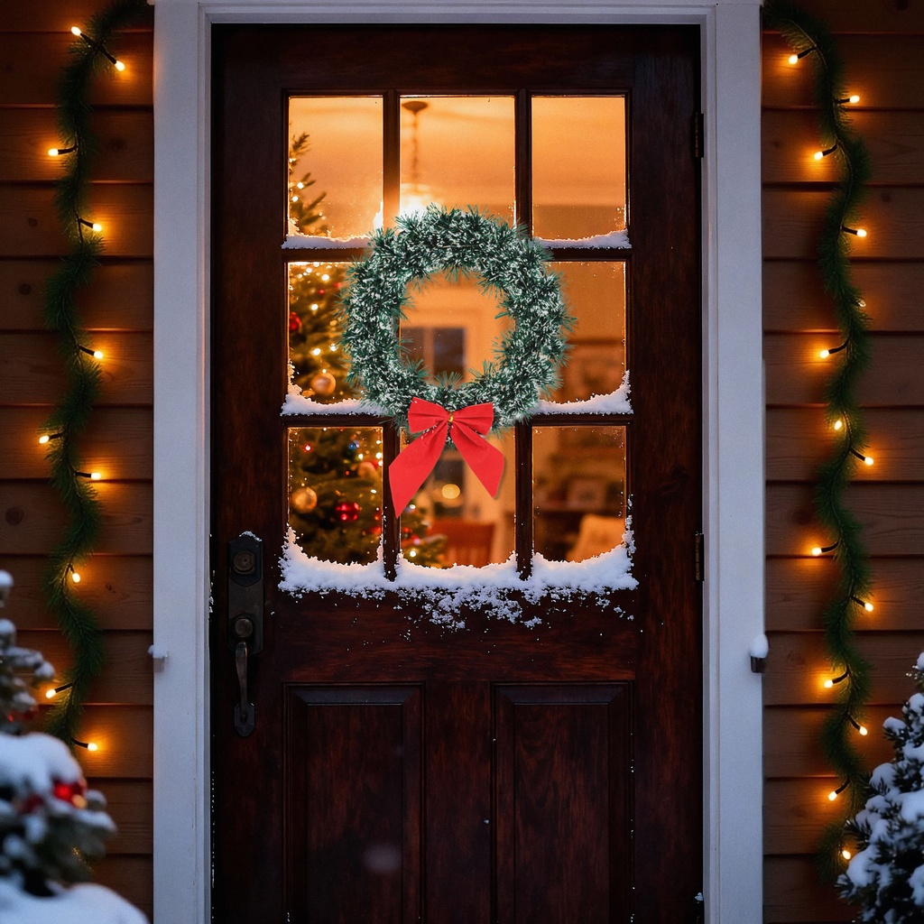 Coronita decorativa pentru usa – cu funda rosie, efect zapada – O27 cm