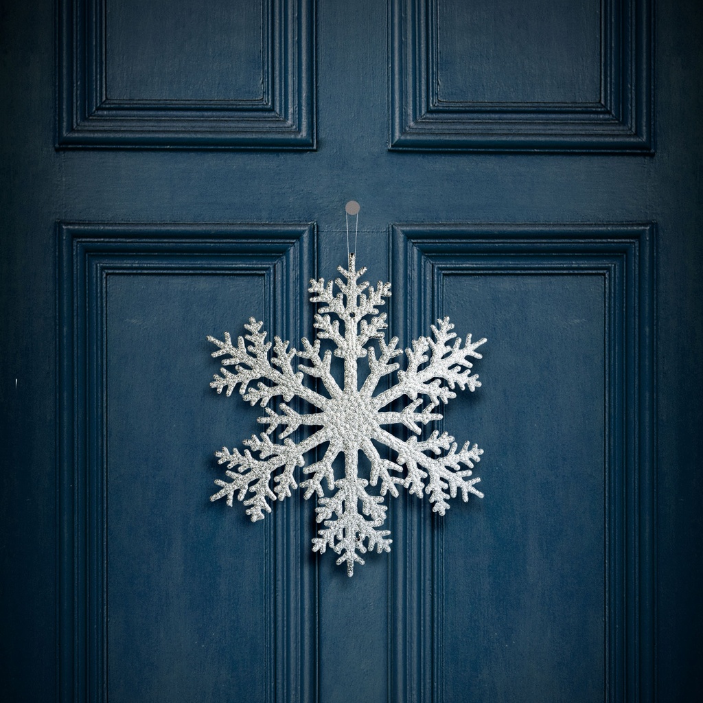 Decoratiune tip fulg de gheata, suspendabila, glitter argintiu, 31cm