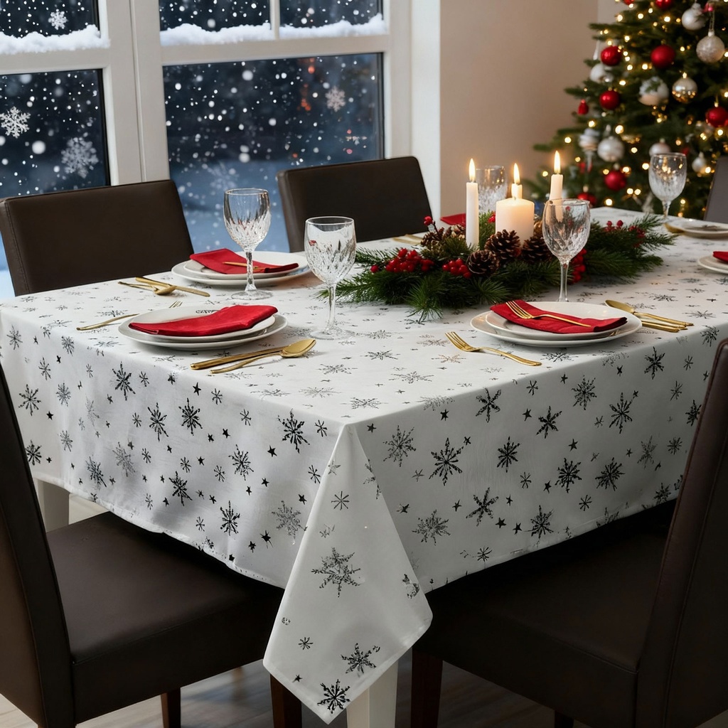 Fata de masa decorativa – 140 x 240 cm – 100% poliester – model fulg de nea, culoare alba