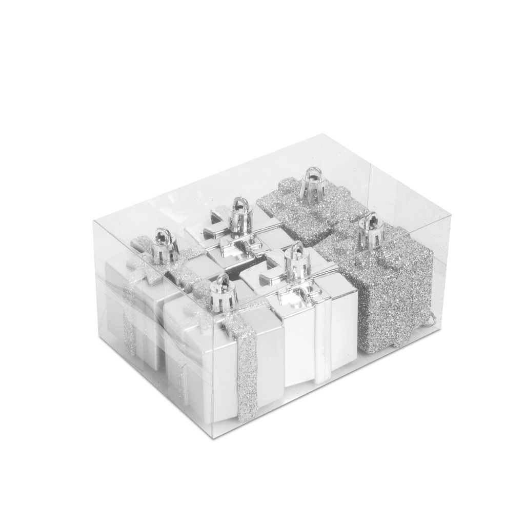 Decor brad, cadouri argintiu, 4.5cm, set 6 buc.