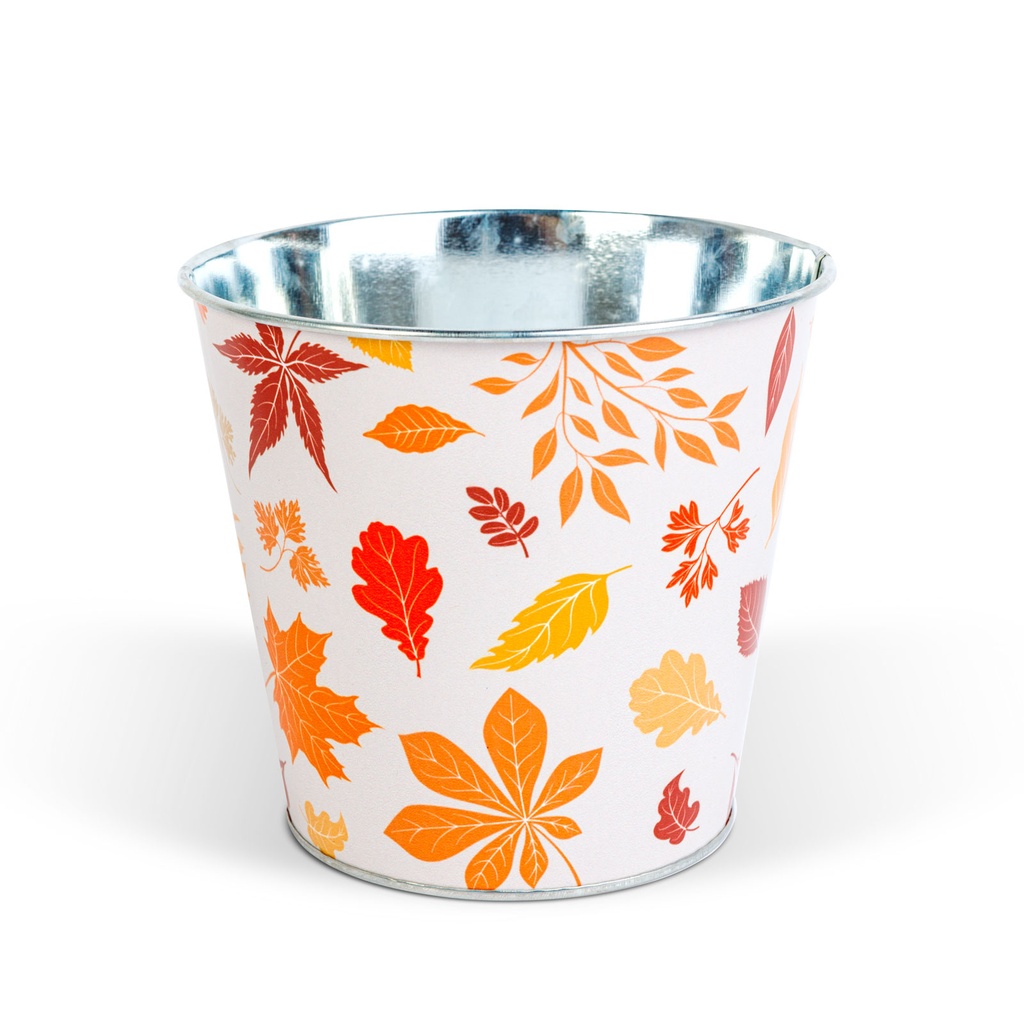 Ghiveci decorativ metalic cu model frunze – 15 x 13,7 cm – decoratiune de toamna