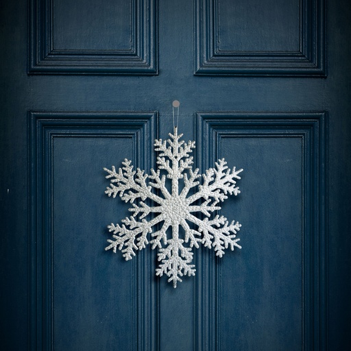 [59704B] Decoratiune tip fulg de gheata, suspendabila, glitter argintiu, 31cm