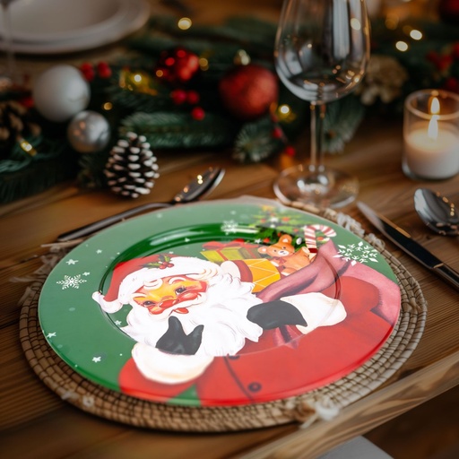 [58961B] Tava de Craciun din metal - Mos Craciun - verde - 33 cm