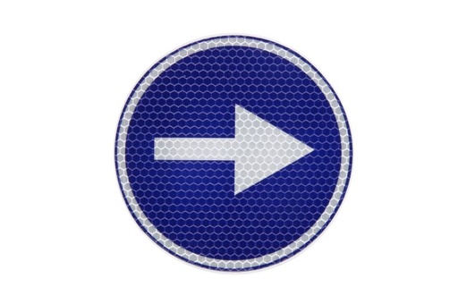 [RPR 3837] Eticheta, Autocolant Reflectorizant Semn Obligatoriu Stanga/Dreapta, Diamentru 16cm (160mm)